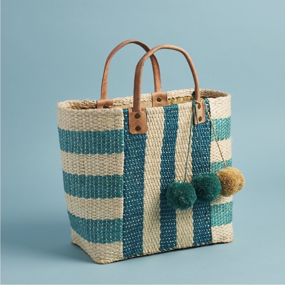 Mar Y Sol Collins Woven Sisal Seagrass Leather Handles Striped Pom Pom Tote